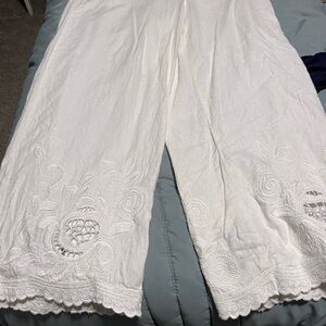 White Embroidered Wide-Leg Pants